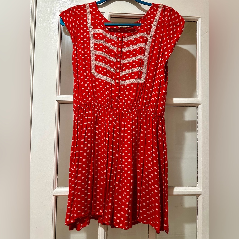 Red & White Polka Dot Dress w/ Lace Trim Detail